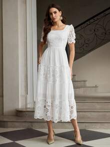 ZEYLAH Vestido elegante de mujer con cuello cuadrado, mangas cortas abullonadas y parches bordados - Blanco - Ver 4