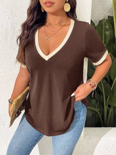 SHEIN Frenchy 大码女式V领短袖休闲百搭T恤