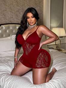SHEIN CURVE+ 大码女式深V领蕾丝撞色网纱性感吊带连体衣 - 紅色 - 查看 7