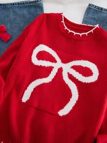 SHEIN Tween Girl Bow Jacquard Crew Neck Loose Fit Casual Sweater, Bow Sweater Tween Girls Cute Sweaters, Sweater With Bows - Red and White - View 3