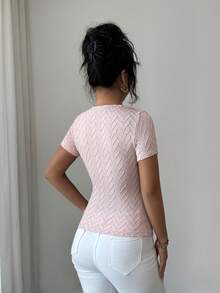 SHEIN Elenzya Textured Fabric Metal Buckle Collar Splice Elegant Women T-Shirt - Pink - View 2