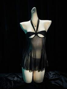 SpicyHot 1 Bộ đồ lót hở lưng lưới gợi cảm cỡ lớn kèm dây buộc nơ có gọng + quần lọt khe chữ T - màu đen - Xem 5