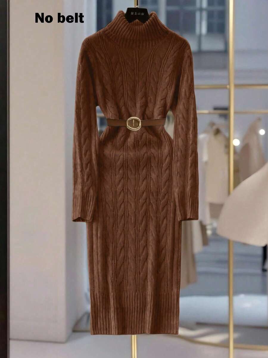 SHEIN Franclia 新款秋冬欧美休闲高领修身中长针织毛衣连衣裙 - 巧克力棕 - 查看 1
