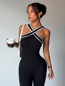 Dewbera Women's Seamless Workout Jumpsuits Striped Halter Neck Casual Yoga Jumpsuit One Piece Compression Jumpsuit Gym Jumpsuits Tummy Control Jump Suit