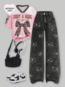 SHEIN Teen Girl All-Match Casual Versatile Butterfly Rhinestone Embellished Straight Leg Stone Wash Elastic Waist Wide Leg Jeans Teen Bow Pants