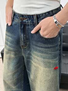 ESTAVOR Quần jeans ống rộng dáng suông màu đỏ thêu hình gấu Bắc Cực dành cho nam giới, thích hợp mặc hàng ngày trên đường phố. - Màu xanh lam - Xem 5