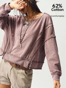 Bohemela Áo sweatshirt nữ dáng rộng, tay dài, màu trơn, kiểu boho, thích hợp cho mùa thu/đông. - Màu nâu  Mocha - Xem 1