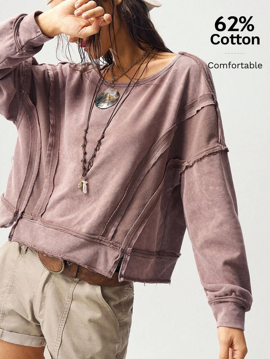 Bohemela Áo sweatshirt nữ dáng rộng, tay dài, màu trơn, kiểu boho, thích hợp cho mùa thu/đông. - Màu nâu Mocha - Xem 1