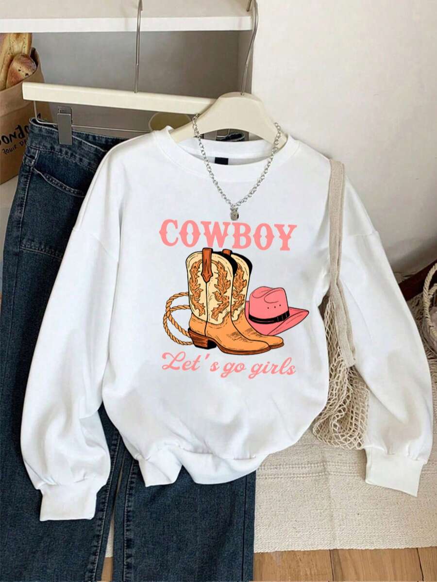 Sudadera estampada estilo vaquero con botas y sombrero "Let's Go Girls" – Look casual femenino - Blanco - Ver 1