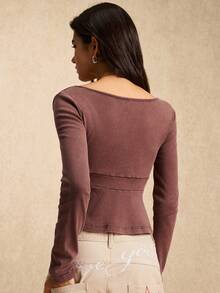 Easelle 女士棕色荷叶边下摆休闲长袖T恤 - 棕色 - 查看 2