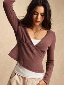 Easelle 女士棕色荷叶边下摆休闲长袖T恤 - 棕色 - 查看 3