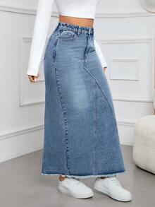 Jeanoix Women's High Waist Pocketed Frayed Hem Casual & Work Denim Midi Skirt - Blue - View 3