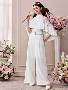 Pitira 少女针织白色拼接亮片流苏优雅休闲连体裤 - 白色 - 查看 3