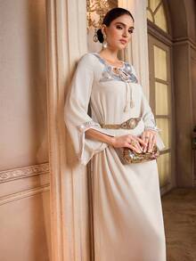 Al Najma Women's Rhinestone Decor Tassel Tie Neck Long Sleeve Elegant Arabic Style Dress - Apricot - View 8