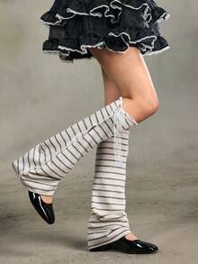 ROMWE Anime 1双Y2K Baddie黑白条纹系带蝴蝶结腿套，时尚简约腿套，适合日常、上学、约会、旅行、购物等场合。 - 黑與白 - 查看 3