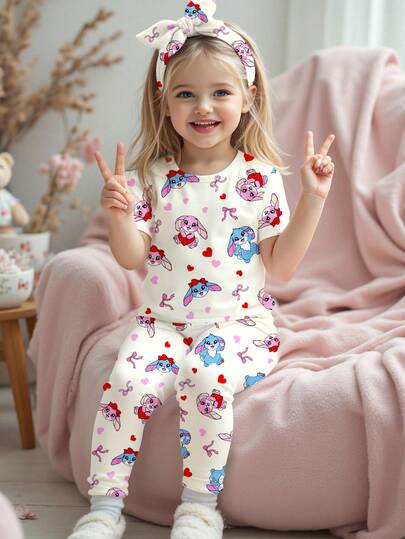 SHEIN Leap Crew Cute & Sweet Cartoon Blue Rabbit Stitch Heart Print Snug Fit Soft Round Neck Short Sleeve T-Shirt, Suitable For All Seasons, Easy Comfort, Casual Wear, Kids Cartoon Animal Graphic Clothes, Chill Chill, Valentine's Vibes, Loungewear