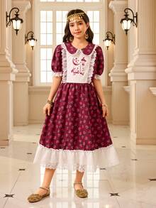 Đầm ngắn tay cổ bèo họa tiết hoa nhí cho bé gái, họa tiết hoa đỏ trên nền đỏ. - Nhiều màu - Xem 6