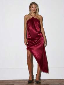 MUSERA Asymmetric Lace Trim Low V-Back Satin Mini Dress Occasion Going Out Sexy Casual Night Out Cute Date Night Cosy Elegant Valentines Day - Burgundy - View 2