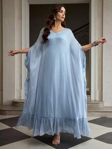 ZEYLAH Women's Loose Fit Asymmetrical Hem Robe/Robe, Bat Wing Sleeve, Faux Silk, Spring/Summer - Dusty Blue - View 3