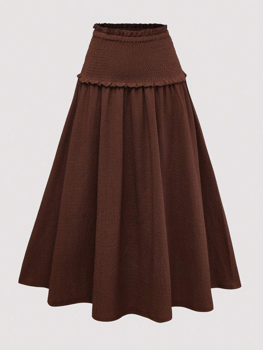 Modelyn Plus Size Women Casual Knit Textured Ruffle Hem Loose Fit Versatile Skirt, Autumn/Winter - Coffee Brown - View 1