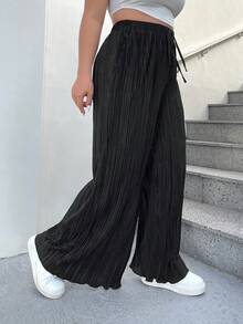 SHEIN EZwear Pantalones de pierna ancha de cintura con cordón plisado - Negro - Ver 12