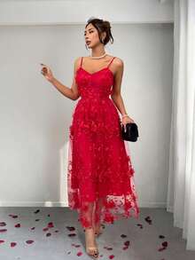 Rafferiza Women's Romantic Mesh Jacquard Spaghetti Strap Dress - Red - View 3