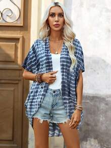 Brillora Tie Dye Batwing Sleeve Kimono Summer - Blue and White - View 4