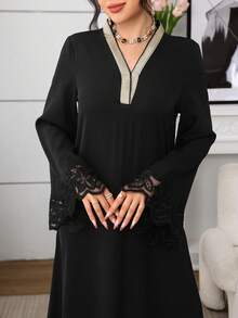 Al Najma 女士优雅阿拉伯风格拼接刺绣金线蕾丝边饰派对礼服 - 黑色 - 查看 6