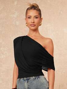 Lumalex And High-End Women's Casual Daily Commuting Elegant Solid Color Waist Asymmetric Shoulder Ruched Elegant Top, Business Casual,Spring/Summer Old Money Style - Black - View 6