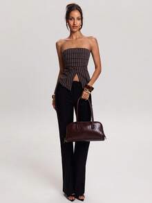 SHEIN BAE 春夏女式休闲度假街头风无肩带条纹叠层下摆开衩抹胸上衣，开衩下摆设计，完美适合休闲外出、日常穿着、休闲装扮和户外活动。Y2K风格上衣，条纹上衣，姐妹街头风。 - 棕色 - 查看 4