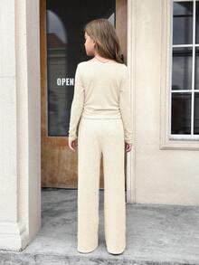 Serisse Kids 少女秋冬休闲时尚百搭罗纹露肩/露肩两用T恤套装，带口袋，搭配直筒裤，适合周末、休闲外出、返校季穿着。 - 杏色 - 查看 8