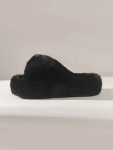 Solecia Women's Fashionable Fluffy Platform Home Slippers - Black - View 5