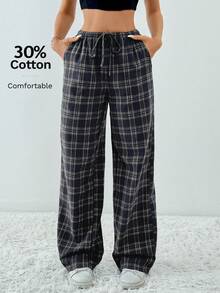 SHEIN Tall Plaid Printed Drawstring Waistband Slanted Pocket Loose Casual Wide Leg Pants - Navy Blue - View 8