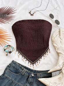 Soleia Women's Vacation Knit Tube Top With Retro Print, Beaded Chain Accent, Suitable For Party, Christmas, Date Night, Nightclub, Beach, Cruise, Afternoon Tea, Bohemian, Boho, Vacation, Fall - Brown - View 6