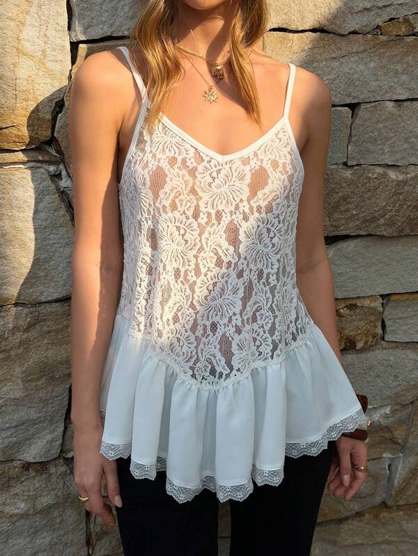 Breezaya Elegant Loose White Lace Patchwork Semi-Sheer Camisole Top For Women White Lace Tank Top White Babydoll Top Lace Trim Top White Boho Top White Mesh Top