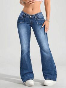 SHEIN PETITE Women's Low Waist Flare Casual Versatile Denim Jeans