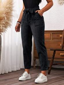 EMERY ROSE 女士系带前口袋休闲直筒牛仔裤（配腰带）