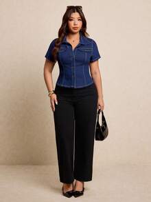 Elaquor 大码女式弹力腰牛仔短袖衬衫 - 深色水洗藍 - 查看 5