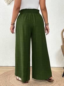 SHEIN Frenchy 大码女式纯色腰带开衩阔腿裤，橄榄绿阔腿裤，适合海滩度假，春季女式下装 - 墨綠色 - 查看 2