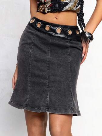 J-Fashion Gonna mini retrò in denim con patchwork e occhielli, sexy stile sirena