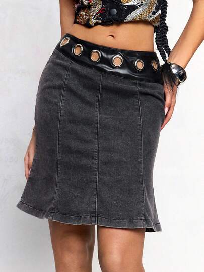 J-Fashion Gonna mini retrò in denim con patchwork e occhielli, sexy stile sirena