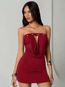 SHEIN TRNDY 黑色金属孔眼镂空露脐吊带连衣裙，性感修身迷你裙，适合派对、休闲街头风，秋冬季穿着。 - 酒紅色 - 查看 3