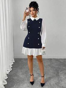 SHEIN Elenzya 大码女式黑白提花领长袖纽扣装饰褶裥短款修身优雅通勤T恤裙 - 藏蓝色 - 查看 3