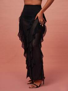 Vixey Falda midi ajustada de cintura alta con detalle de volantes de malla transparente - Negro - Ver 4