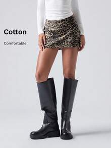 LYSMO Minifalda de cintura baja con estampado de leopardo elástico - Invierno - Caqui - Ver 7