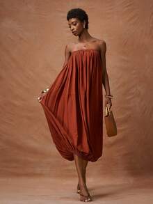 Zivah Women's Elegant Rust Brown Summer Dress,Strapless Ruched Waist Gathered Ruffle Maxi Dress,Boho Loose Solid Color Holiday Vacation Party Midi Dress - Brown - View 6