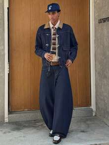 SWAVVY 男士休闲撞色领夹克，秋季复古牛仔街头风夹克，90年代街头服饰 - 藍色 - 查看 7