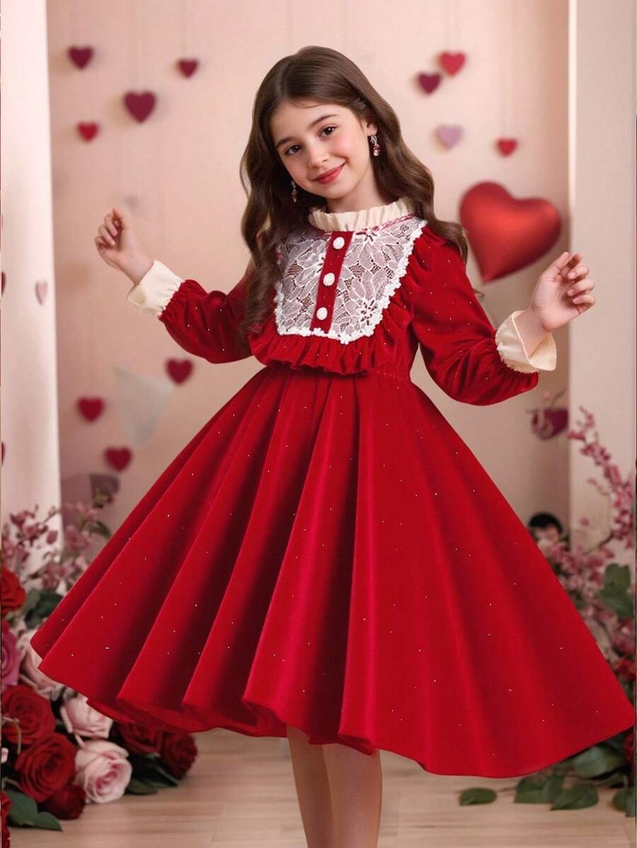 SHEIN Explorewe 女童秋季丝绒蕾丝领长袖连衣裙，红色，优雅，柔软舒适，适合派对、生日等各种场合，厚度适中，春/秋/冬三季皆宜。 - 紅色 - 查看 1