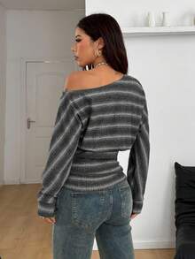 Coolane Camiseta Feminina de Manga Longa com Ombros à Mostra, Listrada, Elástica, para Uso Casual Diário no Outono/Inverno, Estilo Y2K - Cinza - Visão 6