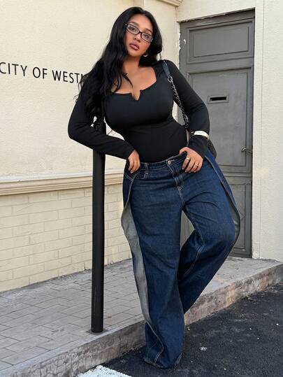 Easura Plus Size Women's Solid Color Long Sleeve Casual Bodysuit